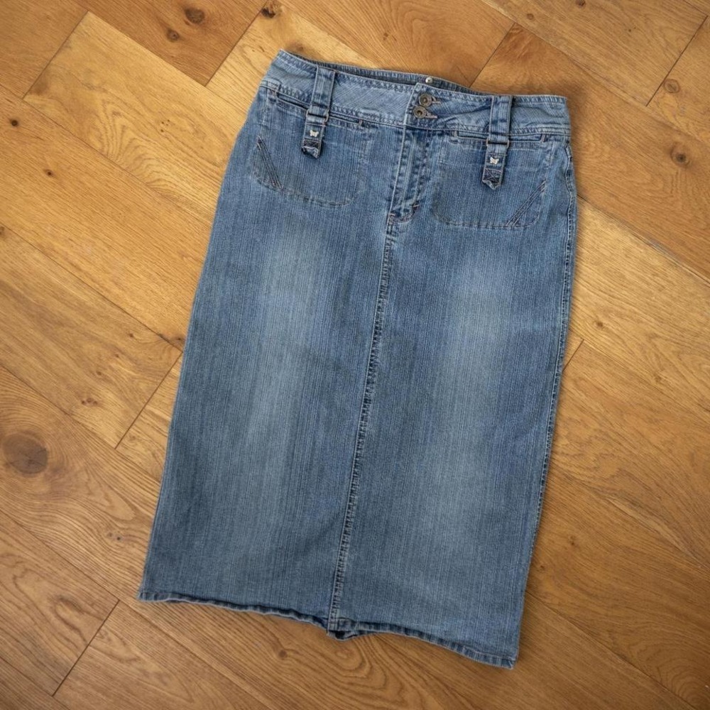 Y2K Vintage Route 66 Stretch Fit Midi Denim Skirt